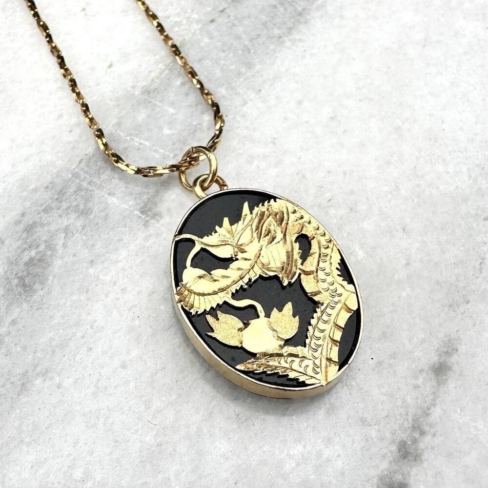 Dragon Necklace Gold Plated Black Glass Relief Chinese Export Style Vintage 22”